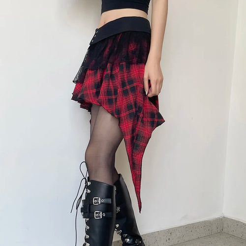 Load image into Gallery viewer, Gothic Dark Lace Patchwork Y2K Plaid Skirt Women Asymmetrical Fold Halloween Harajuku Pleated Skirt Mini Academia
