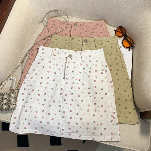 Load image into Gallery viewer, French Summer Women's Sweet Elegant Holiday Slim Wrapped Hip Short Skirt Vintage High Waist Strawberry Print Mini Skirts Fashion
