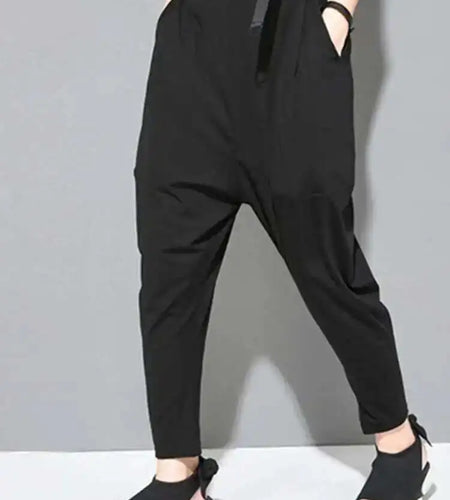 Spring Autumn High Elastic Waist Black Leisure Pocket Stitch Loose Harem Pants Women Trousers Fashion Tide JW997