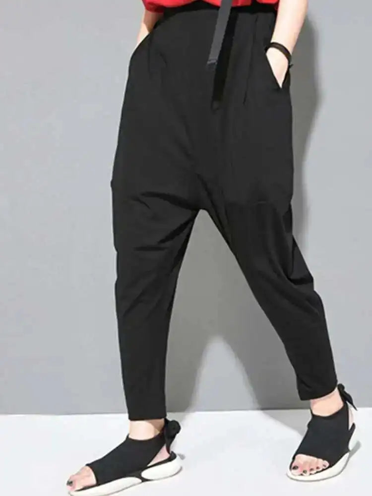 Spring Autumn High Elastic Waist Black Leisure Pocket Stitch Loose Harem Pants Women Trousers Fashion Tide JW997