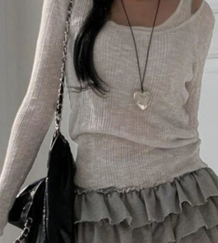 Two Pieces Set Autumn Simple Casual Long Sleeve Vintage Women T-shirts + Japanese Solid Bottoming Y2k Aesthetic All Match Tanks