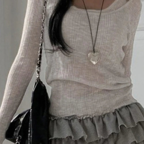 Load image into Gallery viewer, Two Pieces Set Autumn Simple Casual Long Sleeve Vintage Women T-shirts + Japanese Solid Bottoming Y2k Aesthetic All Match Tanks
