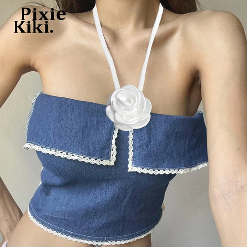 Load image into Gallery viewer, 3d Flower Applique Halterneck Backless Camisole Tops for Women Blue Denim Patchwork Going Out Tops Y2k Clothes P71CZ12
