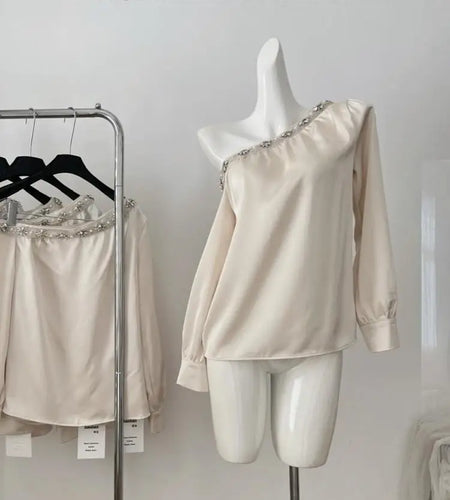 Spring Autumn Fashion Beige Off Shoulder Diamond Long Sleeved Shirt For Women's Temperament Versatile Chic Blouses Festival Tops