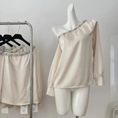 Load image into Gallery viewer, Spring Autumn Fashion Beige Off Shoulder Diamond Long Sleeved Shirt For Women's Temperament Versatile Chic Blouses Festival Tops
