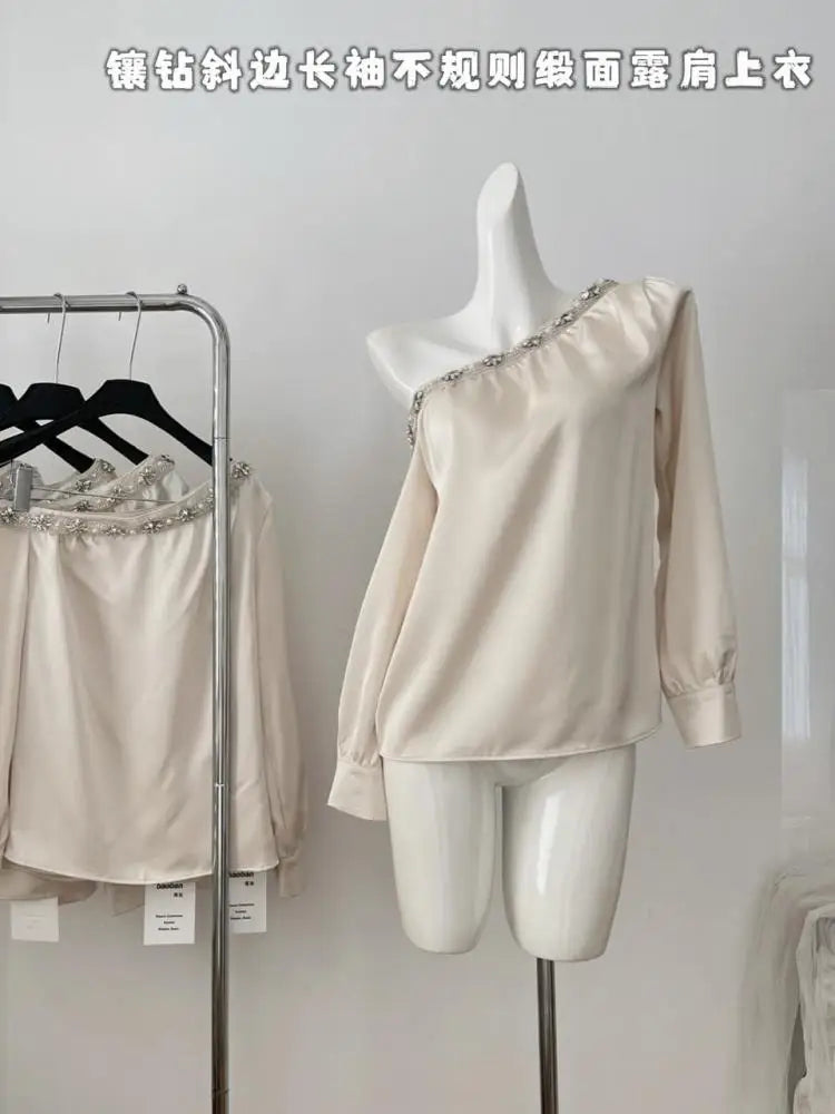 Spring Autumn Fashion Beige Off Shoulder Diamond Long Sleeved Shirt For Women's Temperament Versatile Chic Blouses Festival Tops