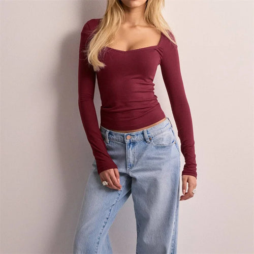 Load image into Gallery viewer, y2k Lace Trim Tops Women Fairycore Clothing Solid Color V Neck Long Sleeve T Shirts 2000s Fall Clothes Streetwear
