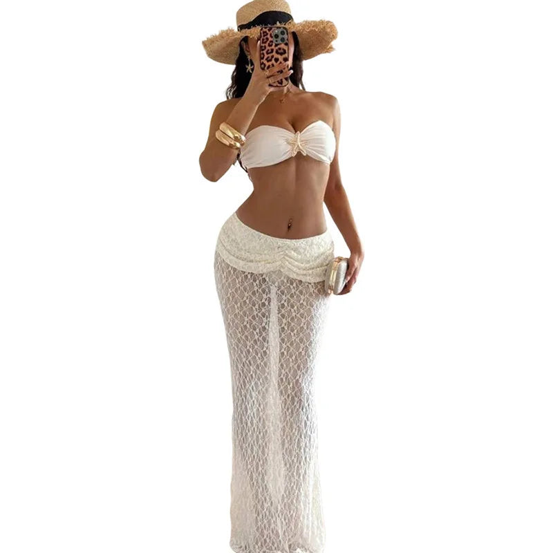 Strapless Sexy Tops And Skirt 2 Pieces Sets Wome Lace Sleeveless Crop Tops And See Through Long Skirt Two Pieces Sets