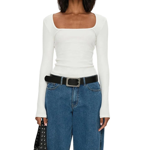 Load image into Gallery viewer, y2k Tops Women Sexy Clothing Solid Color Square Neck Long Sleeve Cropped T Shirts 2000s Party Clothes Club Streetwear
