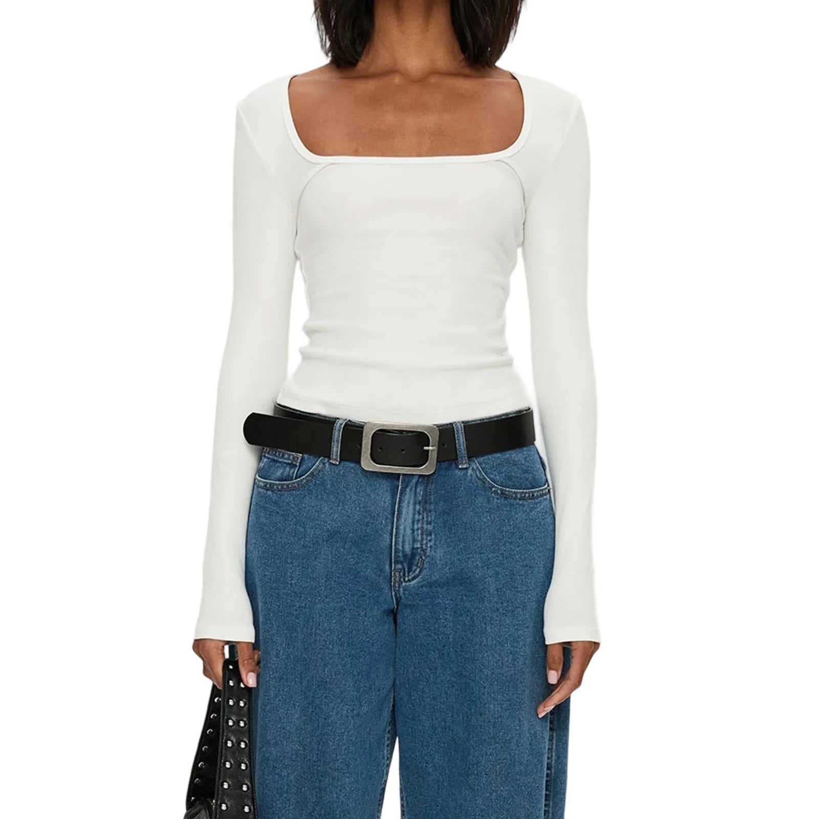 y2k Tops Women Sexy Clothing Solid Color Square Neck Long Sleeve Cropped T Shirts 2000s Party Clothes Club Streetwear