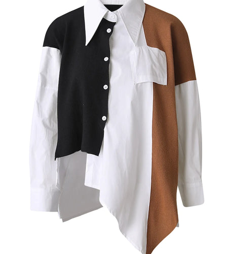 Women Coffee Knitting Spliced Big Size Irregular Blouse New Lapel Long Sleeve Shirt Fashion Spring Autumn 2025 1DJ0105
