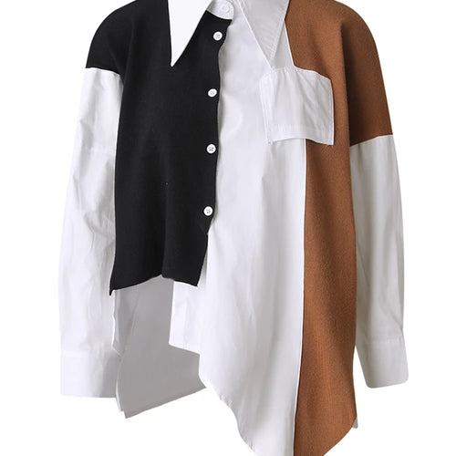 Load image into Gallery viewer, Women Coffee Knitting Spliced Big Size Irregular Blouse New Lapel Long Sleeve Shirt Fashion Spring Autumn 2025 1DJ0105
