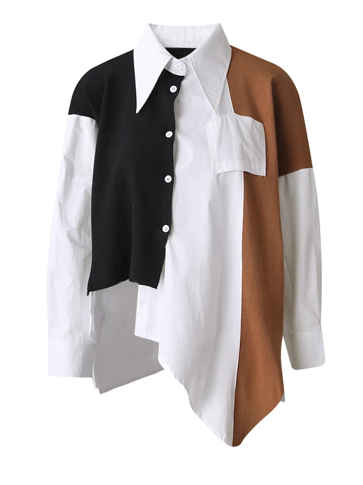 Women Coffee Knitting Spliced Big Size Irregular Blouse New Lapel Long Sleeve Shirt Fashion Spring Autumn 2025 1DJ0105