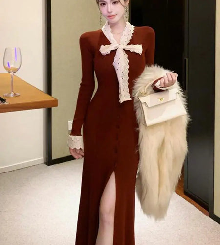 Korean Women's Elegant Patchwork Lace Bow Long Sleeve Party Knit Dress Autumn Winter Single Breasted Split Dresses 2024 Popular
