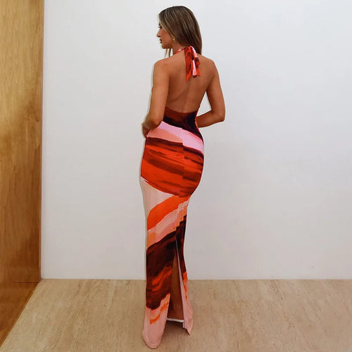 Load image into Gallery viewer, Halter Deep V Neck Print Sexy Maxi Dress For Women Fashion Lace-up Sleeveless Backless Bodycon Printed Long Dress
