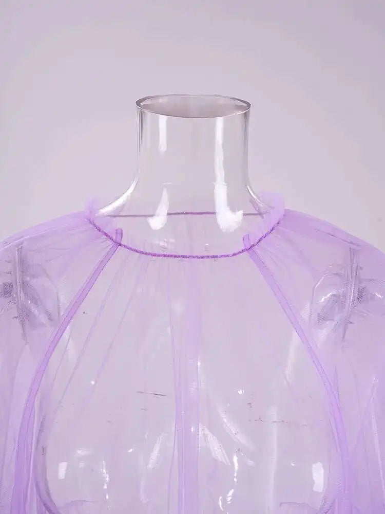Women Purple Ruffles Mesh Perspective Big Size Long Dress New Round Neck Half Sleeve Fashion Spring Summer 2025 JR7711