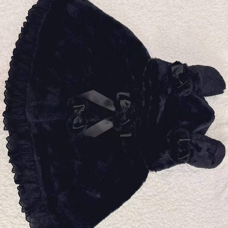 Lolita Kawaii Loose Sweet Hooded Cloak Coats Japanese Grunge Fluffy Bow Jackets Y2k Aesthetic Grunge Lace Patchwork Women Tops