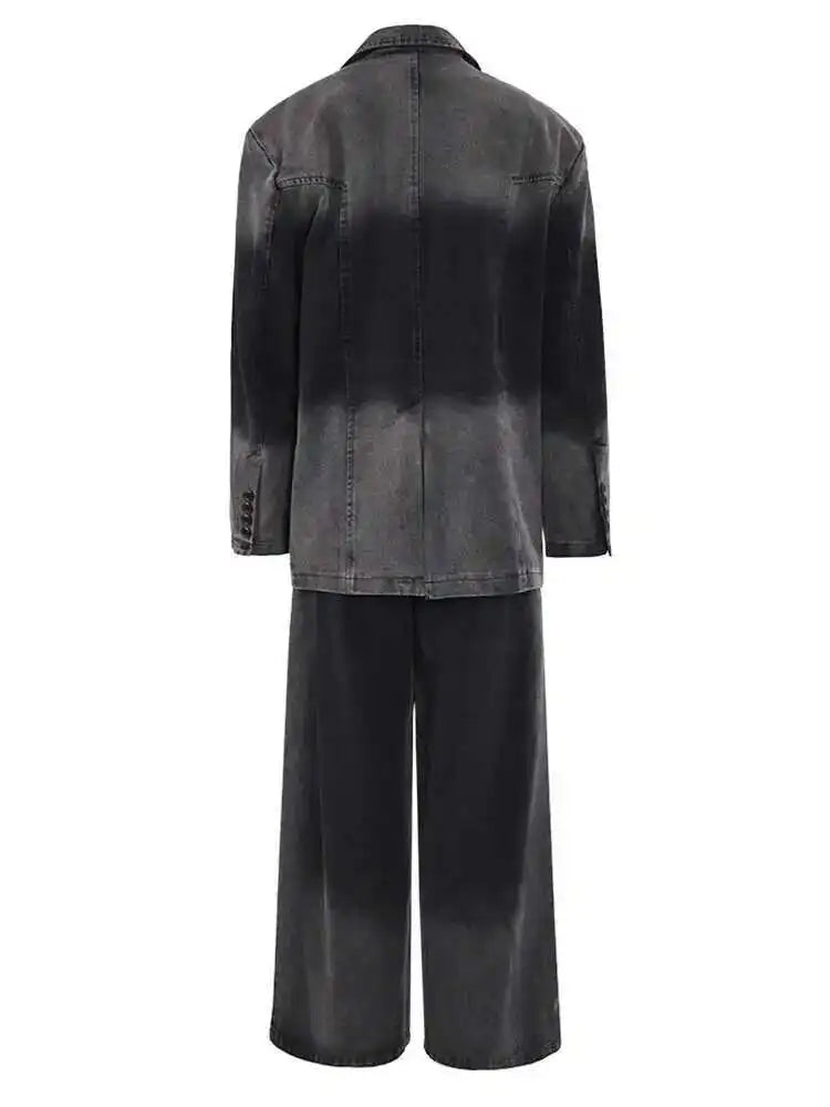 Gray Big Size Denim Jacket Wide Leg Pants Two Piece Suit New Lapel Long Sleeve Women Fashion Spring Autumn 2025 CPG0798