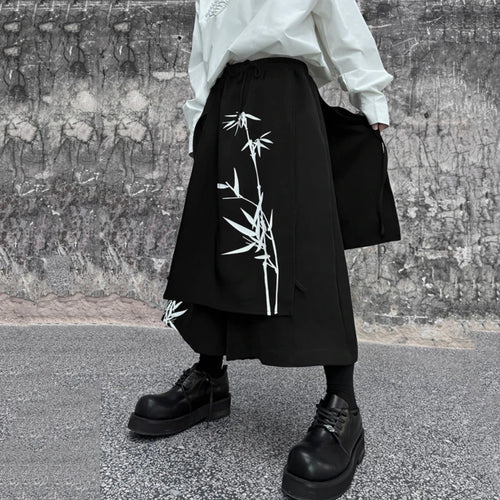 Load image into Gallery viewer, Chinese Style Men&#39;s Wide Leg Pants Bamboo Printing Personality Irregular Eighth Pants Strap Design Fahsion 9C5731
