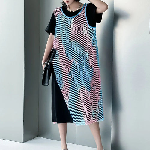 Load image into Gallery viewer, Women Green Colorful Spliced Big Size Midi Dress New Round Neck Short Sleeve Fashion Tide Spring Summer 2025 1DJ1155
