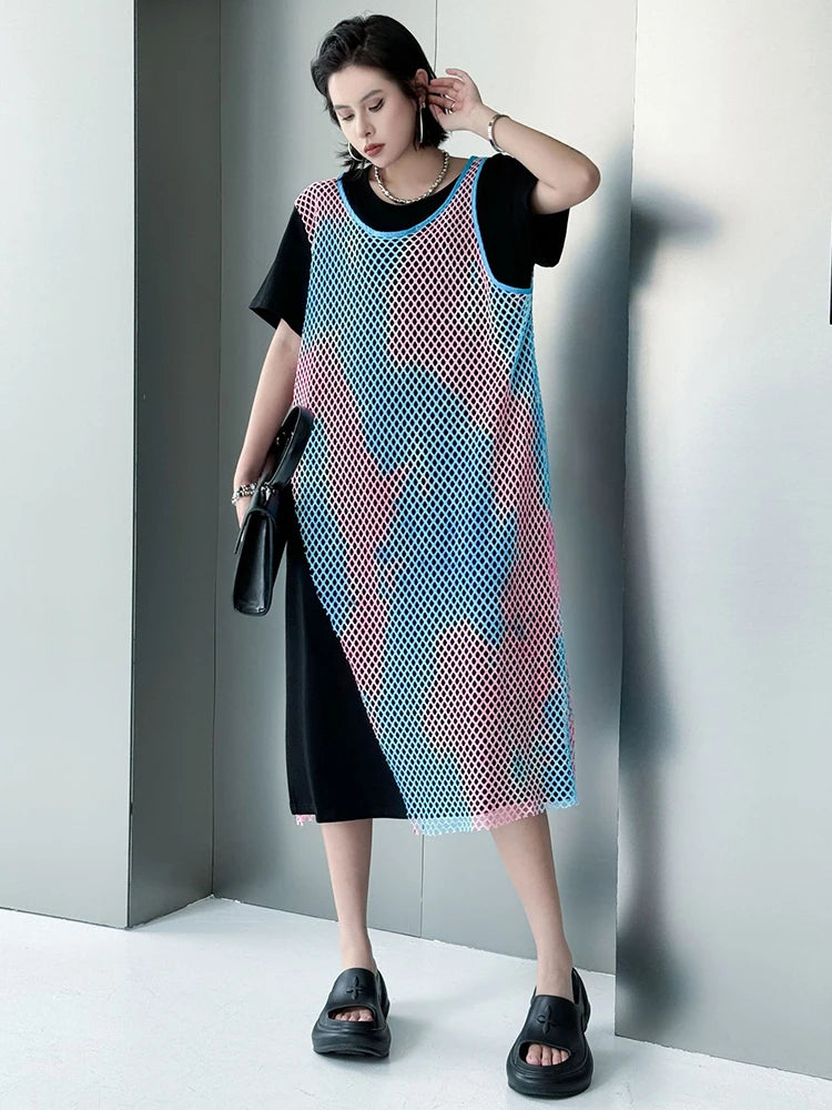 Women Green Colorful Spliced Big Size Midi Dress New Round Neck Short Sleeve Fashion Tide Spring Summer 2025 1DJ1155