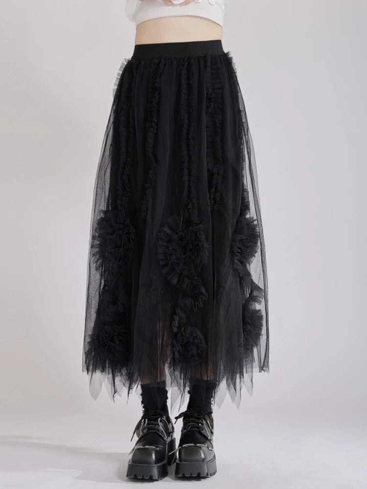 High Elastic Waist Apricot 3d Flower Mesh A-line Half-body Skirt Women Fashion Tide New Spring Autumn 2025 1DJ1515