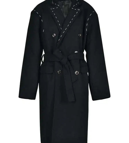 Women Black Topstitched Belted Big Size Trench New Lapel Long Sleeve Windbreaker Fashion Tide Spring Autumn 2025 1DH1762