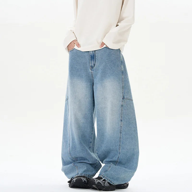 Men Jeans Straight Wide Leg Curved Knife Design Splicing Gradient Color Trendy New High Street Summer Male Clothing 9W2026