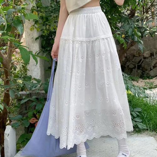 Load image into Gallery viewer, Vintage White Elegant Hollow Out Pleated Long Skirts For Women A-line Elastic High Waist Skirt Spring Summer Ladies Romantic New

