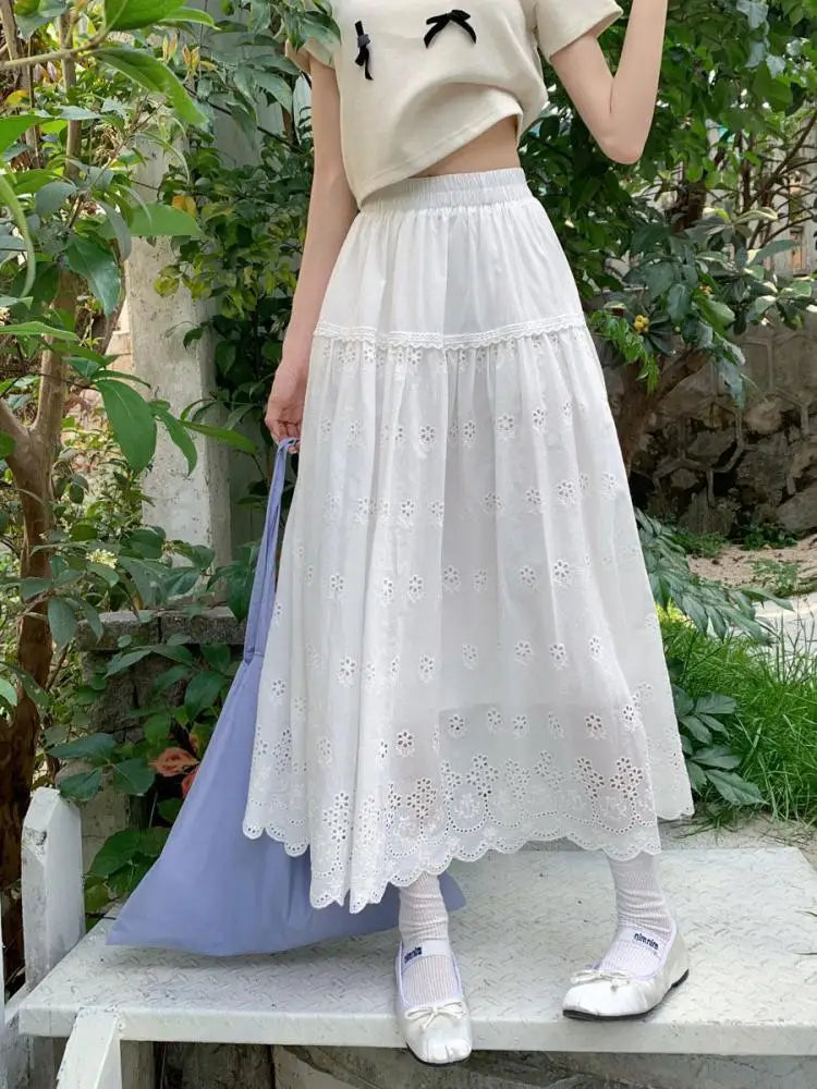 Vintage White Elegant Hollow Out Pleated Long Skirts For Women A-line Elastic High Waist Skirt Spring Summer Ladies Romantic New
