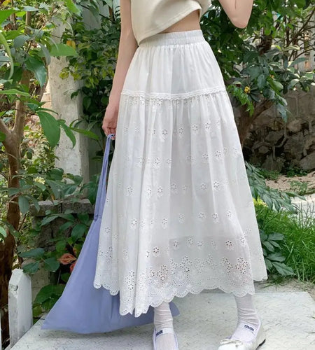 Spring Summer Vintage White Hollow Out Party Pleated Long Skirts Women Elegant Elastic High Waist Vacation Skirt Popular Ladies
