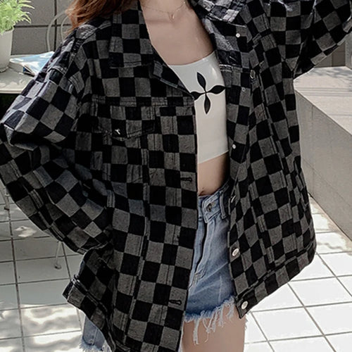 Load image into Gallery viewer, Autumn Black Denim Coat Women Korean New Chessboard Checker Casual Loose Retro Blue Jacket Top Woman High Street Chic
