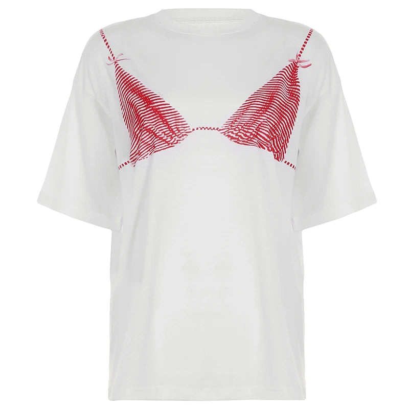 Casual Underwear Pattern Printed Short Sleeve T-shirts Women White Loose Round Neck Top Tees Summer All Match Clothes