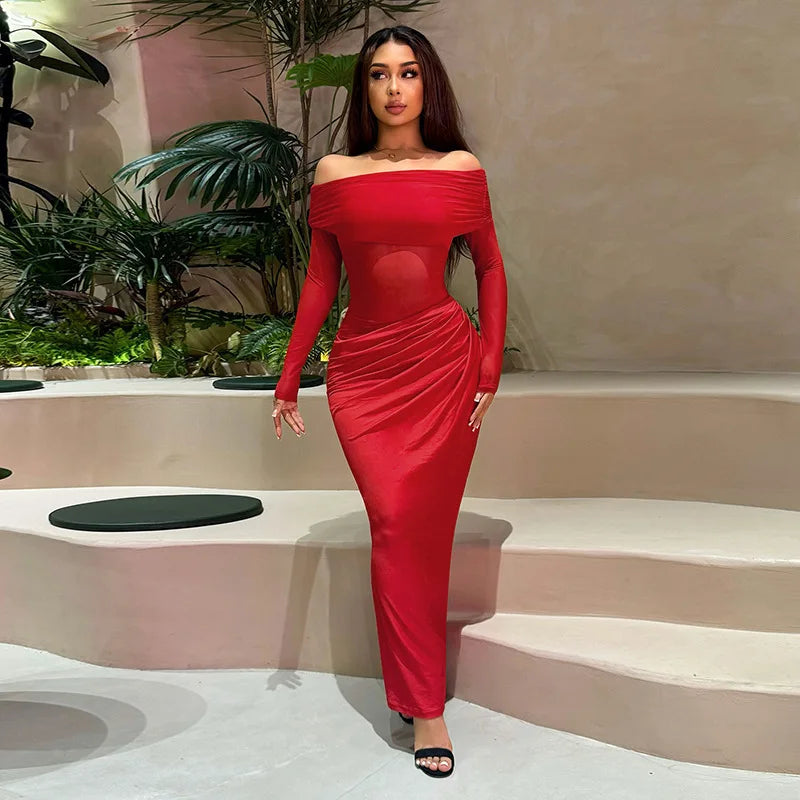 Off-shoulder Mesh See Through Sexy Maxi Dress For Women Elegant Strapless Long Sleeve Backless Bodycon Club Party Dress