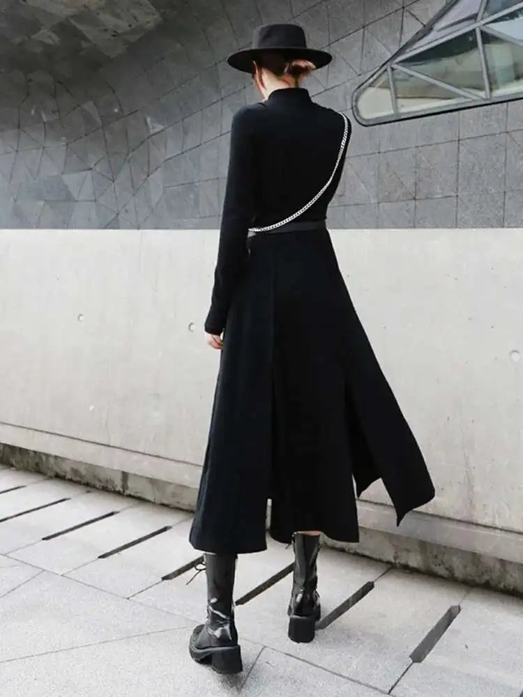 Women Red Hem Slit Long Irregular Dress New Turtleneck Long Sleeve Loose Fit Fashion Tide Spring Autumn 2025 1DF4817