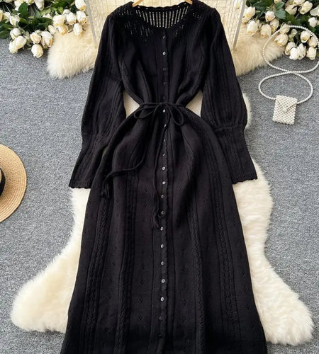 Women's Solid Single Breasted Hollow Out Knit Lace-up Dress Autumn Fashion Round Neck Elegant Festival Sweater Long Dresses 2024