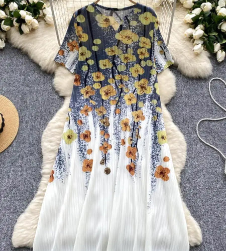 French Retro Women Black Butterfly V Neck Short Sleeved Long Dress Summer White Print Elegant Loose Vacation Pleated Dress Trend