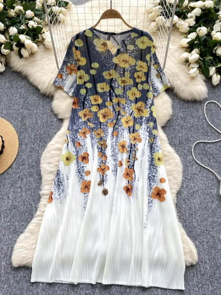 French Retro Women Black Butterfly V Neck Short Sleeved Long Dress Summer White Print Elegant Loose Vacation Pleated Dress Trend