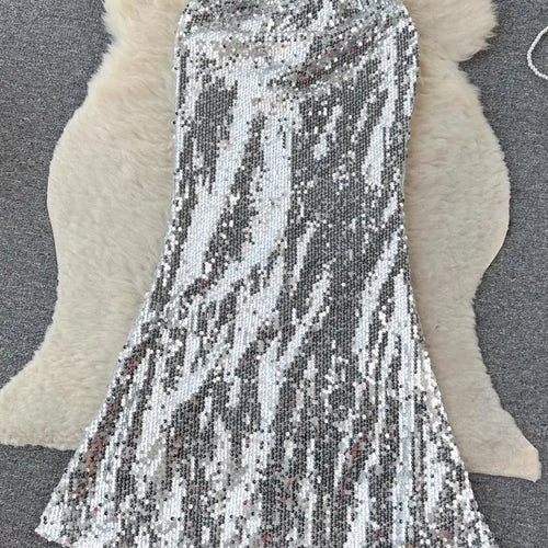 Load image into Gallery viewer, Summer 2023 Retro Elegant Silver Sequins Backless Birthday Party Long Sundress Women Sexy Club Sleeveless Wrap Hip Evening Dress
