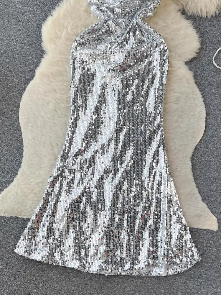 Summer 2023 Retro Elegant Silver Sequins Backless Birthday Party Long Sundress Women Sexy Club Sleeveless Wrap Hip Evening Dress