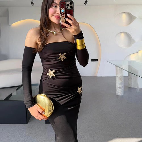 Load image into Gallery viewer, Metal Buckle Strapless Sexy Maxi Dress For Women Off-shoulder Backless Long Sleeve Ruched Bodycon Club Long Dress
