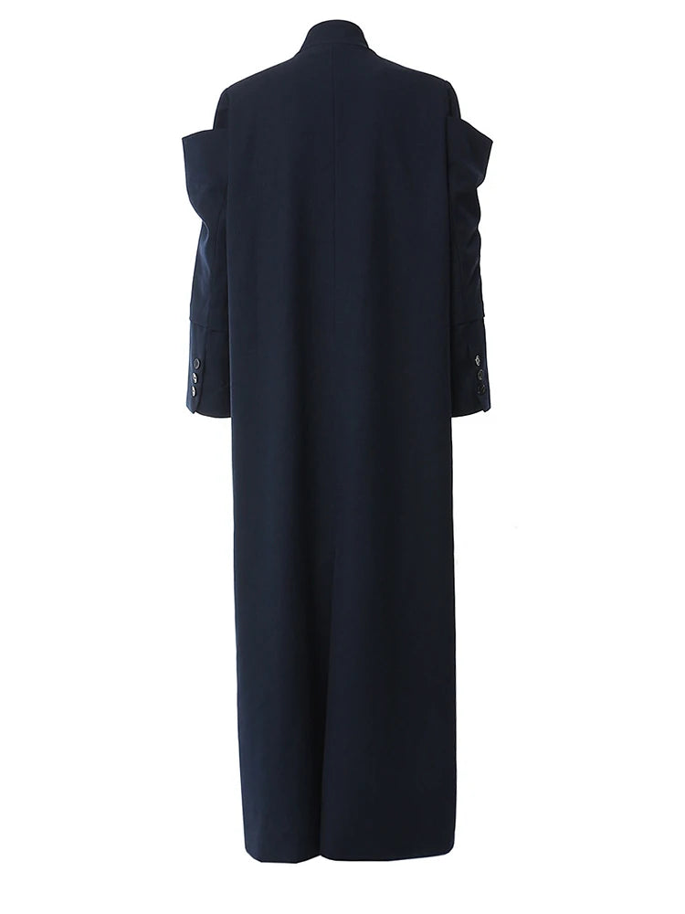 Women Navy Blue Elegant Long Shaped Blazer New Stand Collar Long Sleeve Jacket Fashion Tide Spring Autumn 2025 1DH3989