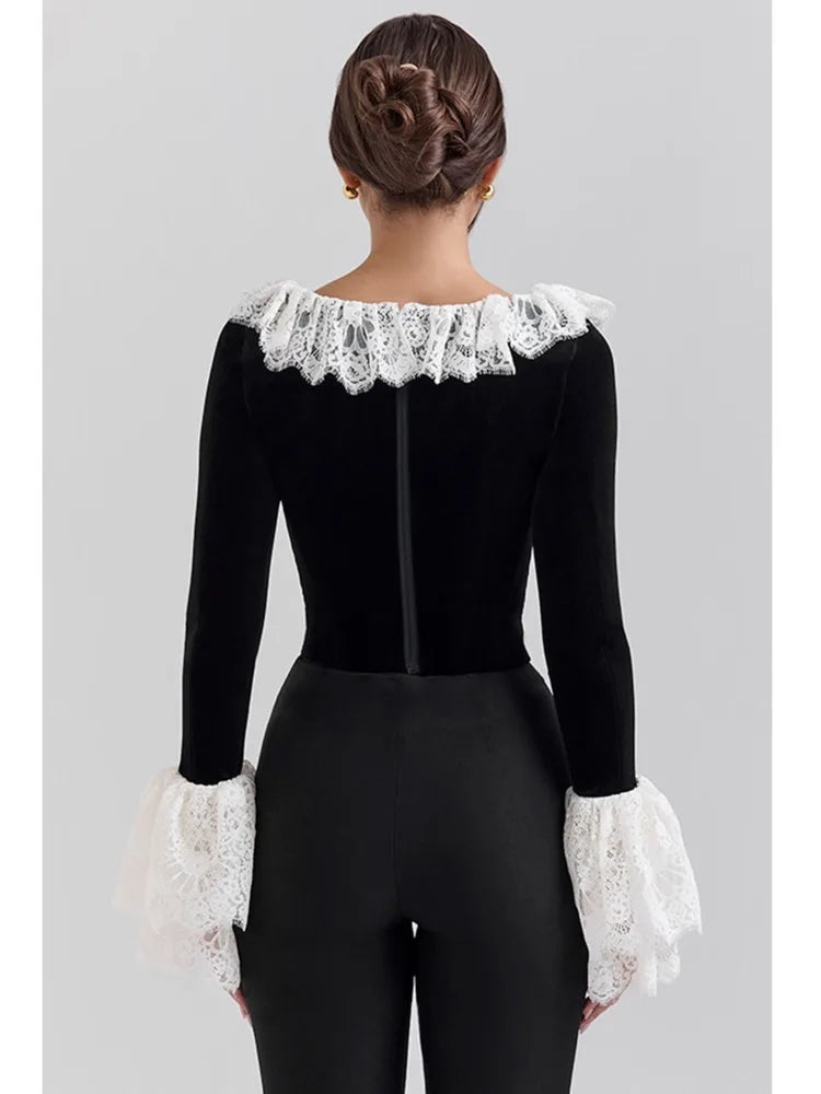 Fashion Lace Lace Korean Velvet Patchwork Elastic Tight Women's Top Sexy Bandage T-shirt Autumn/Winter Long Sleeve 2025