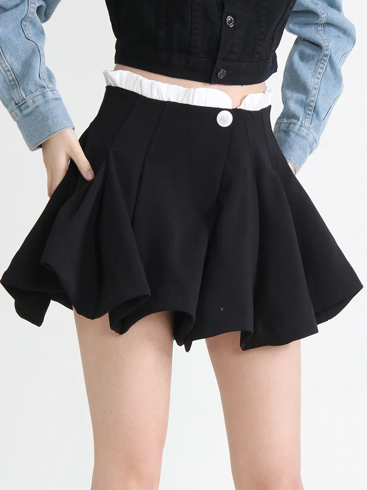 Pleasted Solid Skirts For Women High Waist Patchwork Button Casual Loose A Line Skirt Female Fashion Clothing