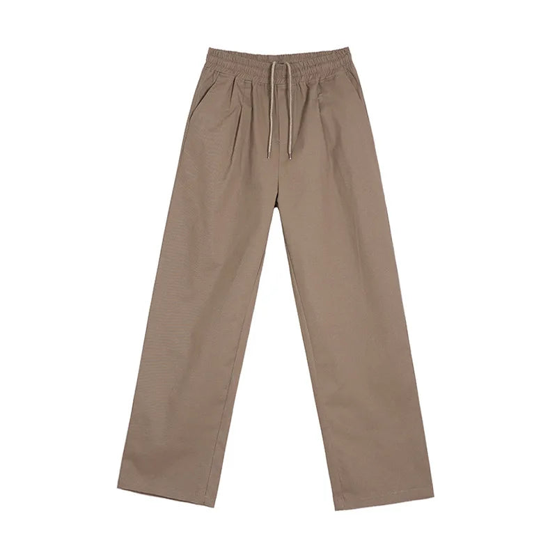 Korean Style Men's Casual Pants Solid Color Drawsting Elastic Waist Solid Color Trousers Straight Leg Male Bottom 9C9003