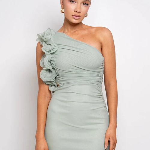 Load image into Gallery viewer, Shoulder Floral Mesh Ruched Sexy Maxi Dress For Women Gown Oblique Shoulder Sleeveless Backless Bodycon Long Dress
