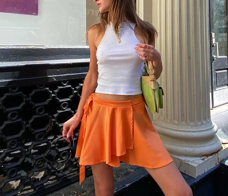 Orange Satin Summer Skirts for Woman Sexy Asymmetrical Lace Up Low Waisted Mini Skirt Womens Clothing 2024 P85-CZ12