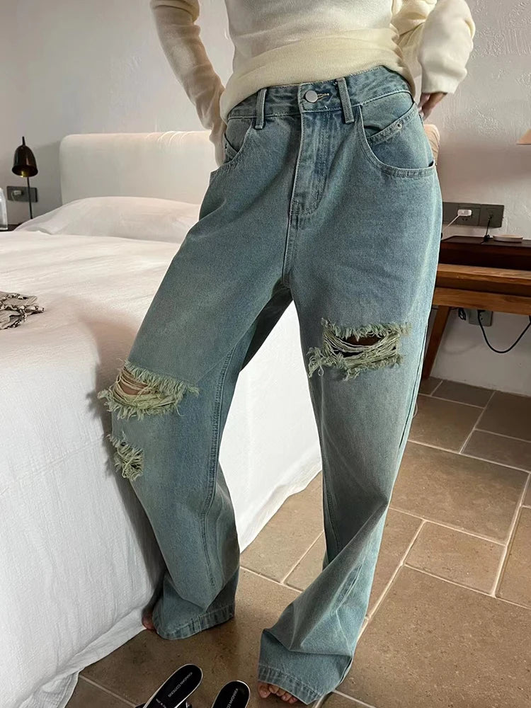 Hole Hollow Out Denim Wide Leg Pants For Women High Waist Patchwork Button Summer Jeans Female Fashion Clothing