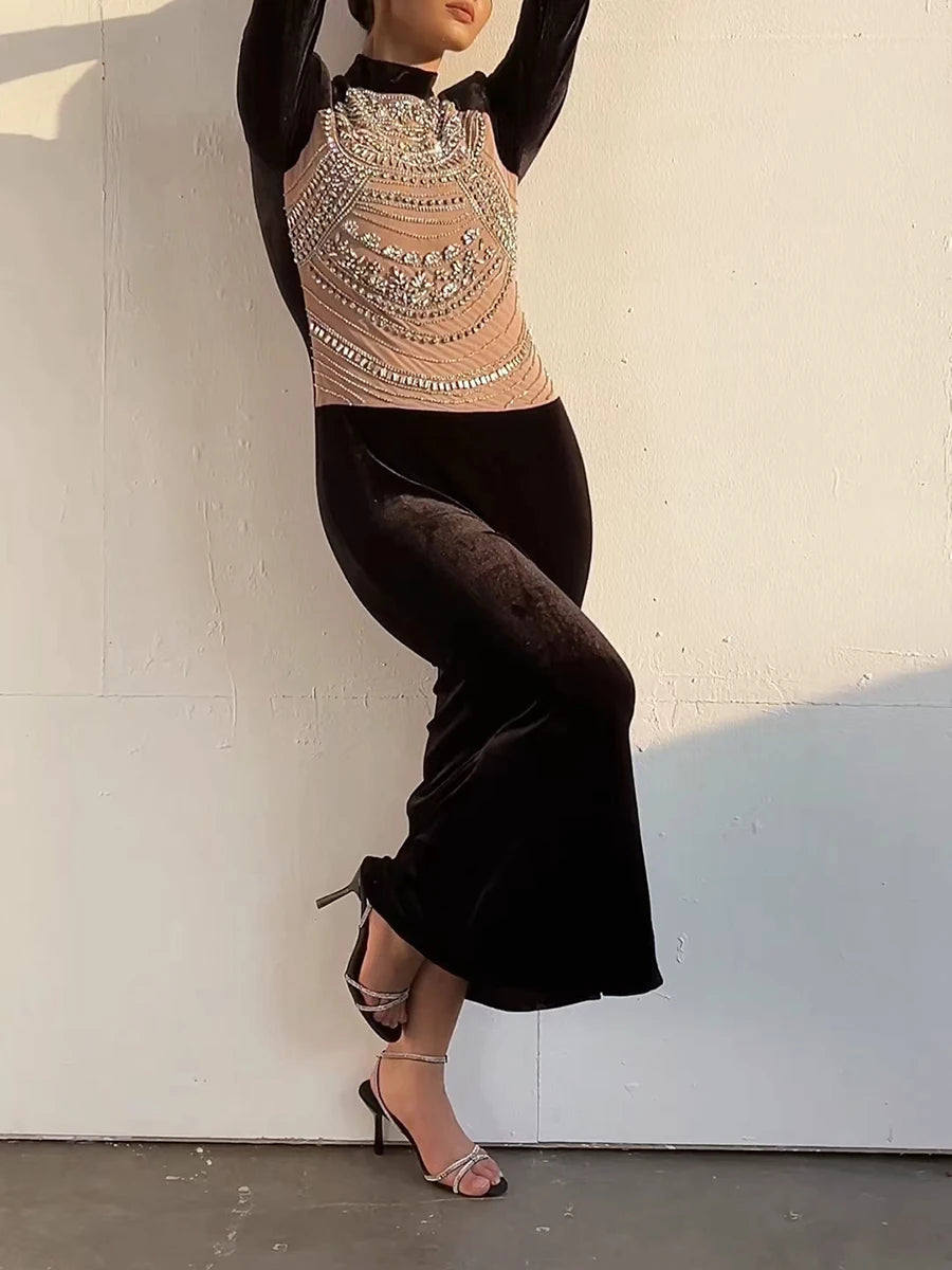 Hit Color Spliced Diamonds Slimming Dresses For Women O Neck Long Sleeve High Waist Temperament Dress Female New