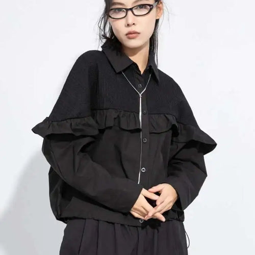 Load image into Gallery viewer, Women Black Ruffles Spliced Big Size Casual Blouse New Lapel Long Sleeve Shirt Fashion Tide Spring Autumn 2025 1DJ0476
